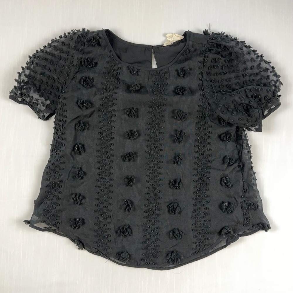 Sweet Wanderer Womens Black Textured Floral Chiffon Puff Sleeve Blouse Medium